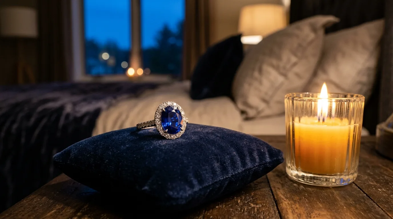 Bague saphir bleu sertie sur or blanc, symbole de l'expertise Bijoux de Luxe